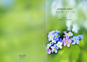 Programhefte med bilde av blå og lille blomster med grønn bakgrunn