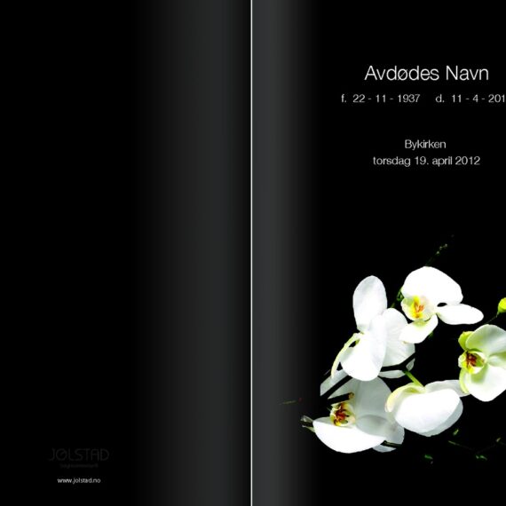 Programhefte med bilde av hvite blomster på sort bakgrunn