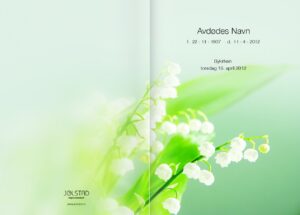 Programhefte med bilde av hvite blomster på en lys grønn bakgrunn