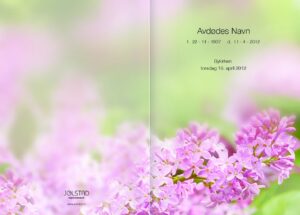 Programhefte med bilde av lyselilla blomster med grønn bakgrunn
