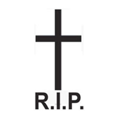 Symbol av latinsk kors med "RIP" under