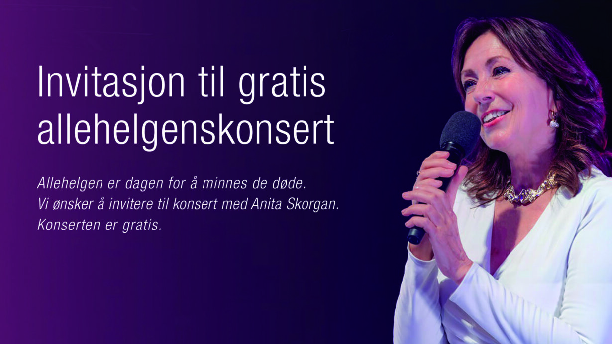 Banner for gratis allehelgenskonsert med Anita Skorgan